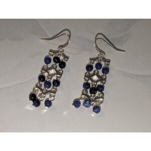Pretty Vintage 1980s Silver-Tone Blue Seed Bead Chandelier Dangle Earrings
